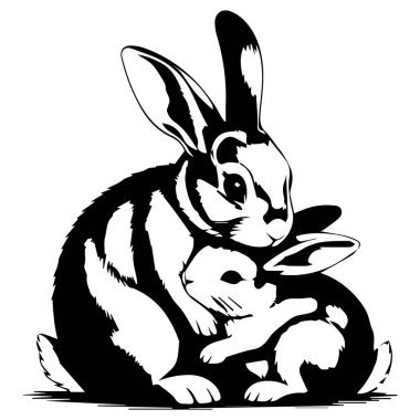 İki sevimli siyah ve beyaz tavşan kucaklaşıyorlar. Yürek ısıtan bir kucaklama. Beyaz bir arka planda.