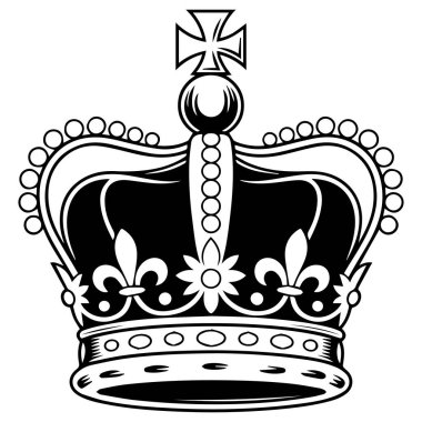 Üzerinde haç bulunan kraliyet tacının siyah ve beyaz rengini süsleyin ve çiçek unsurlarını detaylandırın.