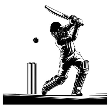 Kriket sopasının güçlü bir vuruşla topa vuruşunun siyah-beyaz çizimi.