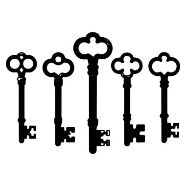 Süslü yay kapaklı ve beyaz arka planda sıralanmış beş antika iskelet anahtardan oluşan bir koleksiyon.