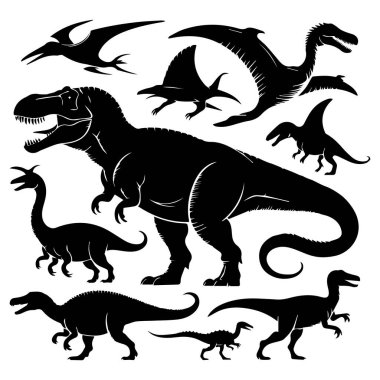 Tarih öncesi dönemden farklı türleri temsil eden, beyaz bir arka planda izole edilmiş dinozor siluetleri içeren bir vektör çizimi.