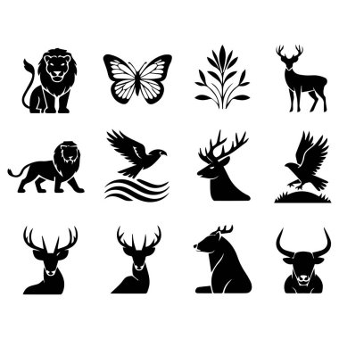 Logolar, simgeler veya tasarım elementleri için mükemmel on iki adet siyah hayvan ve bitki çizimi. Bir aslan, kelebek, geyik, kartal ve daha fazlasını içerir..