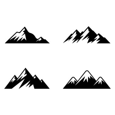 Dağların dört siyah siluet çizimi, açık hava temalı tasarımlar, seyahat broşürleri veya doğayla ilgili projeler için ideal..