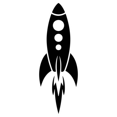 Ateşli egzozla fırlatılan üç dairesel pencereli Retro siyah roket gemisi