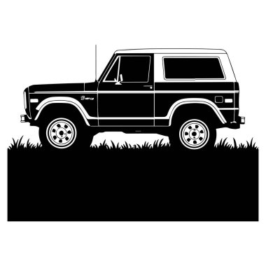 Klasik arabaları, off-road maceralarını ve beyaz arka planda izole edilmiş klasik Amerikan araçlarını temsil eden bir Ford Bronco silueti..