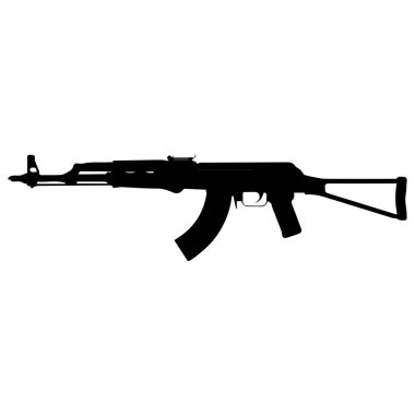 Bir AK-47 tüfek silueti, askeri silahları temsil ediyor, silahlı çatışma ve potansiyel tehlike, beyaz arka planda izole edilmiş..