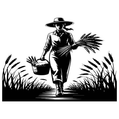 Tarımsal tasarımlar ve kırsal temalar için mükemmel bir kadın çiftçinin vektör çizimi.