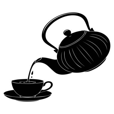 Çay fincanına çay dökülen, beyaz arka planda izole edilmiş, çay, kafe veya rahatlama ile ilgili tasarımlar için mükemmel minimalist siyah beyaz bir illüstrasyon. Görüntü bir siluet stili çizim. Tasarım basit.