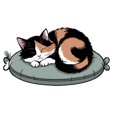 Yastığın üzerinde uyuyan, beyaz arka planda izole edilmiş, evcil hayvanlarla, hayvanlarla veya rahatlıkla ilgili tasarımlar için mükemmel bir yavru kedi çizimi. Görüntü renkli ve şen şakrak. Görüntü vektör grafiği. Şey...