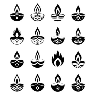Diwali tasarımları, kültürel temsiller ve dekoratif öğeler için mükemmel siyah beyaz diya çizimleri. Beyaz bir arkaplanda izole edilmiş.