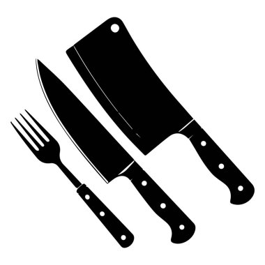 Bir bıçak, çatal ve satırın siyah ve beyaz çizimi, genellikle yemek ve yemek pişirmek için kullanılır, beyaz arka planda izole edilmiş..
