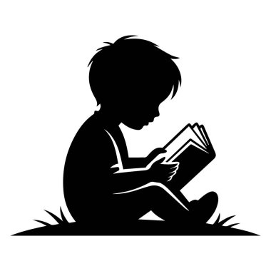 Bir çocuğun silueti çimlerin üzerinde otururken kitap okumaya kendini kaptırmış, eğitimi ve öğrenmeyi simgeliyor..