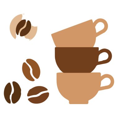 Bir yığın kahve fincanı ve kahve çekirdeği, beyaz kafeinli içecek ve kafe kültürünü temsil ediyor..