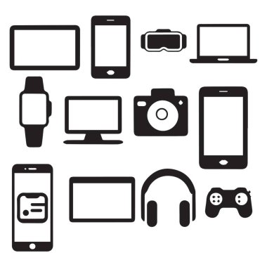 Akıllı telefonlar, tabletler, dizüstü bilgisayarlar, kameralar ve yıpranabilir cihazlar gibi çeşitli elektronik cihazlar modern teknoloji ve bağlantıyı sergiliyor..