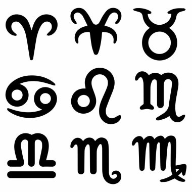 Bu vektör grafiği, her biri kendi eşsiz sembolü ile temsil edilen bir dizi astrolojik burç işaretini beyaz arkaplanda bir ızgara biçiminde düzenler..