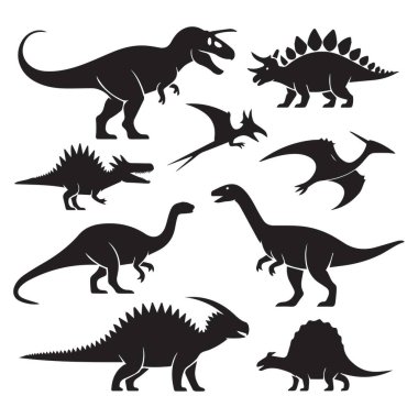 Tarih öncesi yaşamı resmetmek için mükemmel Tyrannosaurus Rex, Stegosaurus, Pterodactyl ve Brachiosaurus 'u içeren bir dinozor silueti..