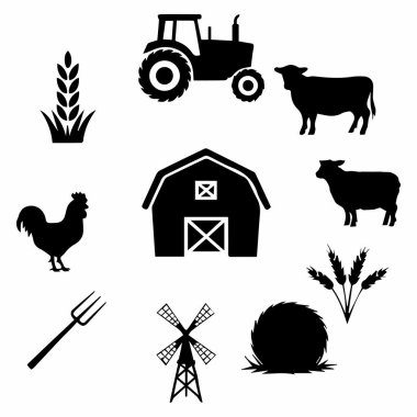 Kırsal yaşam ve tarım faaliyetlerini temsil eden traktör, inek, ahır ve yel değirmeni içeren bir dizi çiftlik ikonu.
