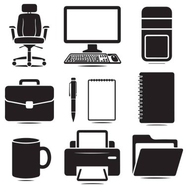 Sandalye, bilgisayar, evrak çantası, kalem, defter, kupa, yazıcı ve klasör gibi temel ofis eşyalarının bir koleksiyonunu gösteren bir vektör illüstrasyonuName.