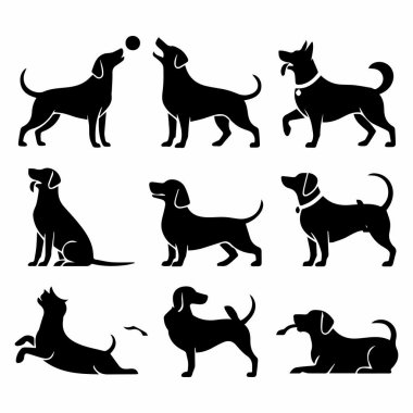 Bu resim, her biri farklı bir cins ve pozu temsil eden bir köpek silueti koleksiyonunu içerir. Köpekler oyun oynamak, oturmak ve ayakta durmak gibi çeşitli faaliyetlerde tasvir edilirler. Siluetler temiz ve basit.