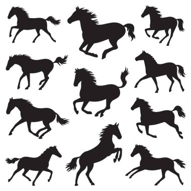Bu resim, her biri farklı bir cins ve pozu temsil eden at siluetlerinin bir koleksiyonunu içeriyor. Atlar koşmak, atlamak ve dörtnala koşmak gibi çeşitli aktivitelerde tasvir edilir. Siluetler temiz ve basit, mak