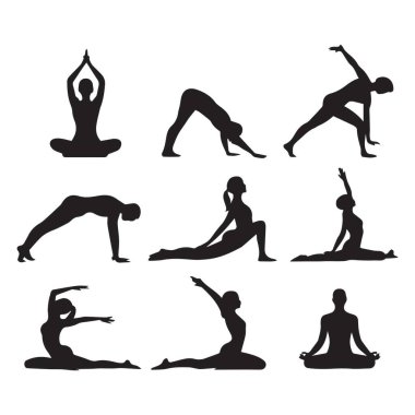 Bir siluet çizimi, her biri gösterişli ve minimalist bir şekilde tasvir edilmiş çeşitli yoga pozlarından oluşan bir koleksiyona sahiptir. Siluetler, yogda gerekli esneklik ve dengeyi vurgulayarak farklı asanas ve duruşlar sergiliyor.