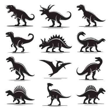 Bu vektör görüntüde T-Rex, Triceratops, Stegosaurus, Brontosaurus ve Pterodactyl gibi dinozor siluetleri bulunur. Her dinozor farklı bir pozda tasvir edilir, benzersiz özellikleri ve karakteri sergilenir.