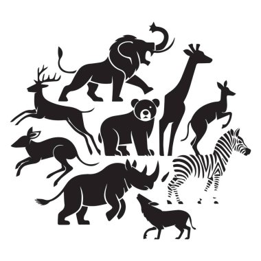 Bu resimde aslan, zürafa, zebra, ayı, geyik, gergedan, kurt ve antilop gibi hayvan siluetleri sergilenmektedir. Hayvanlar dairesel bir düzende sıralanmış, görsel olarak çekici ve dengeli bir tasarım yaratıyorlar.