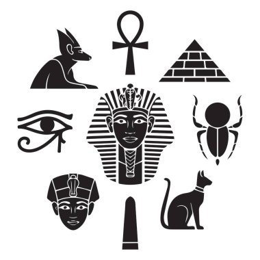 Bu resim Antik Mısır kültürünü ve mitolojisini temsil eden bir ikon koleksiyonu sunar. İkonlar arasında firavunlar, piramitler, Anubis (çakal başlı tanrı), Horus 'un Gözü, böcekler, kediler ve Ankh (yaşamın anahtarı) sayılabilir.).
