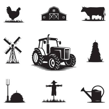 İçinde traktör, ahır, yel değirmeni ve çiftlik hayvanlarının da bulunduğu bir tarım ikonu koleksiyonu. Simgeler, basitlik ve berraklığa odaklanarak klasik tarzda tasarlandı. Sette tarımla ilgili çeşitli elementler yer alıyor,