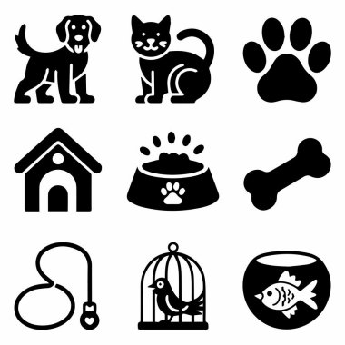 Bu vektör illüstrasyonunda bir köpek, kedi, kuş ve balığın yanı sıra bir evcil hayvan evi, yemek kasesi, kemik, oyuncak ve kafes gibi aksesuarlardan oluşan bir hayvan ikonu koleksiyonu yer almaktadır. Simgeler basit ve temiz bir şekilde tasarlanmıştır, mak