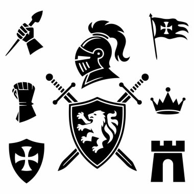 Bu resimde, zengin bir savaş tarihi, kraliyet ve şövalyelik simgesi olan ortaçağ şövalye sembolleri sergilenmektedir. Şövalyenin zırhından, miğferinden, kılıcından, kalesinden, kalesinden, bayraklarından, mızrağından, zırhından, kılıcından