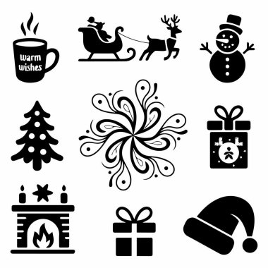 Noel Baba 'nın ren geyiği, neşeli bir kardan adam, süslü bir Noel ağacı, narin bir kar tanesi ve güzel paketlenmiş hediyelerle dolu bir kızakta yer aldığı bir Noel ikonu koleksiyonu. Ek unsurlar arasında sıcak bir şömine W yer almaktadır.