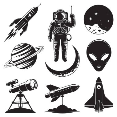 Bir astronot, roket, gezegen ve teleskop da dahil olmak üzere bir uzay araştırma ikonları koleksiyonu. Simgeler, basitlik ve berraklığa odaklanarak klasik tarzda tasarlandı. Küme s ile ilgili çeşitli elementleri içerir