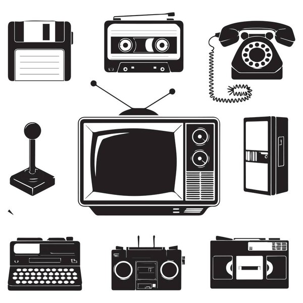 На этом изображении представлена коллекция икон ретро-технологий, изображенных в черных силуэтах на чистом белом фоне. В комплект входит гибкий диск, кассетная лента, вращающийся телефон, джойстик, телевизор, пишущая машинка, буо