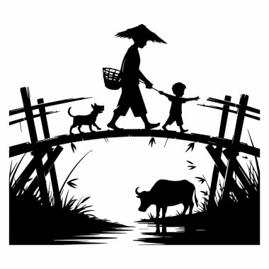 Bir siluet, bir çiftçi ve çocuğu köpekleriyle köprüde yürürken, bir bufalonun nehirde durduğu kırsal bölgede huzurlu bir manzara tasvir ederken yakalıyor..