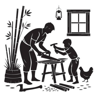 Bu silüet bir baba ve oğlu ahşap işçiliği tasvir ediyor, testere ve çekiç kullanarak, geleneği, beceriyi ve bilginin nesilden nesile geçişini simgeliyor..