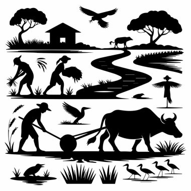 Çiftçiler bir bufalo, geleneksel bir ev ve bir korkulukla pirinç tarlasında çalışıyorlar. Kuşlar tepemizde uçar ve su gökyüzünü yansıtır. Huzurlu bir manzara yaratır..