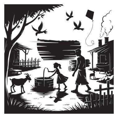 Bu siyah beyaz resimde, kuyuda bir çocuk, uçan kuşlar ve rahat bir evin yanında eşyalar taşıyan bir baba ile huzurlu bir köy sahnesi resmediliyor..