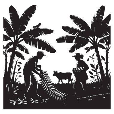 Bu siluet, çiftçilerin yakınlarda otlayan bir inekle muz topladıklarını, kırsal hayatın, tarımın ve doğanın güzelliğini yakaladıklarını gösteriyor..