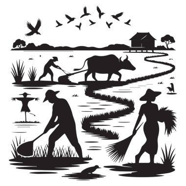 Çiftçiler bir bufalo, korkuluk ve geleneksel evle pirinç tarlasında çalışıyorlar. Kuşlar tepemizde uçar ve su gökyüzünü yansıtır. Huzurlu bir manzara yaratır..