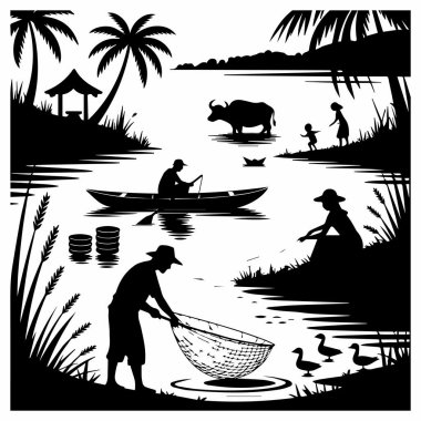 Bu siyah ve beyaz çizim, kayıktaki bir balıkçı, nehirdeki bir bufalo ve geleneksel hayatın diğer unsurlarıyla sakin bir köy sahnesini tasvir ediyor..