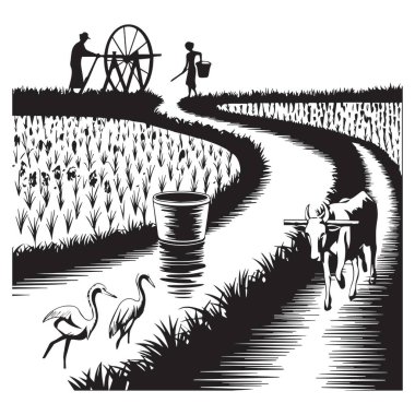 Bu siyah ve beyaz çizim, çiftçileri, sığırları ve balıkçılları verimli pirinç tarlalarıyla geleneksel bir tarımsal ortamda tasvir ederek kırsal yaşamın özünü yakalar..