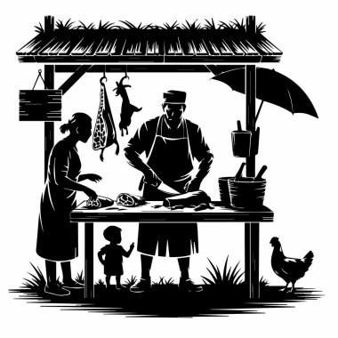 Bu vektör illüstrasyonu, bir satıcı, müşteriler ve çeşitli etlerle bir kasap dükkanı sahnesini resmediyor. Resim beyaz bir arkaplanda izole edilmiştir ve çeşitli kullanımlar için mükemmeldir..