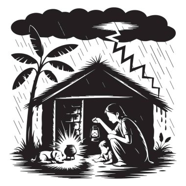 Şiddetli bir fırtınada sığınak arayan bir kadın ve çocuğu, sadık bir köpek ve titreyen bir fenerle birlikte gösteren, güçlüklerin ortasında dokunaklı bir direnç sahnesi..