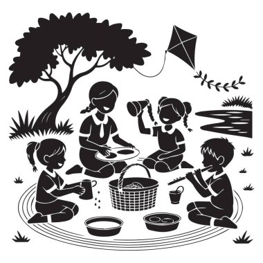 Bu vektör çizimi, bir ağacın altında eğlenen ve uçurtma uçuran çocukları tasvir ediyor. Resim beyaz bir arkaplanda izole edilmiştir ve çeşitli kullanımlar için mükemmeldir..