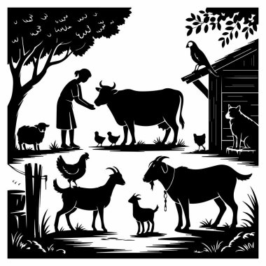 Bu siluet, inekler, keçiler, koyunlar ve tavuklar da dahil olmak üzere çeşitli hayvanlarla dolu bir çiftliği tasvir ediyor. Sahne huzur, doğa ve kırsal yaşamı çağrıştırıyor..