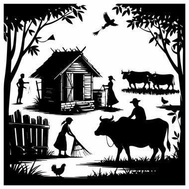 Bu siluet sakin bir köy sahnesini tasvir ediyor. Çiftçiler hayvanlarına ve evlerine bakıyor, kırsal hayatın basitliğini ve güzelliğini somutlaştırıyor. Barışçıl bir sanat eseri.