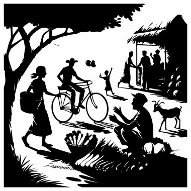 Bu siluet canlı bir köy sahnesi yakalıyor, bisiklet süren, yürüyen ve toplanan insanları tasvir ediyor, kırsal hayattaki topluluk hissini ve bağlantıyı vurguluyor. Huzurlu bir sanat eseri.
