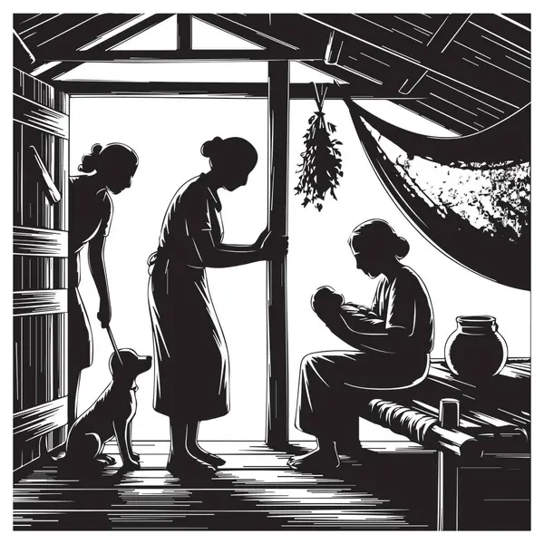 Bu siyah-beyaz çizim, bir ev ortamında bir köpek ve geleneksel elementlerle birlikte kadın ve bir bebeğin resmedildiği kapalı mekan sahnesini yakalıyor..