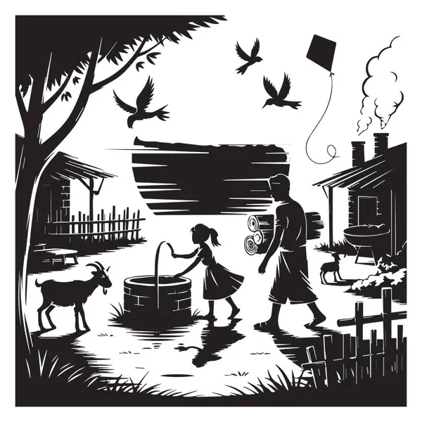 Bu siyah beyaz resimde, kuyuda bir çocuk, uçan kuşlar ve rahat bir evin yanında eşyalar taşıyan bir baba ile huzurlu bir köy sahnesi resmediliyor..